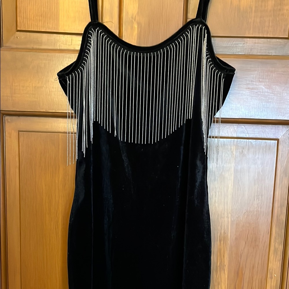 Black Dress with Silver Fringe Detail - Size L